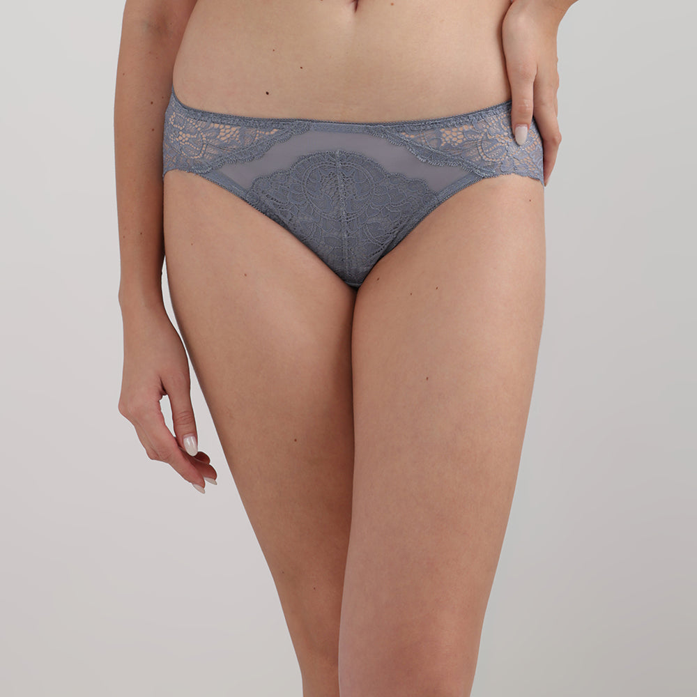 Emma Lace Low Waist Medium Coverage Bridal Wear Lace Bikini Panty-Grey