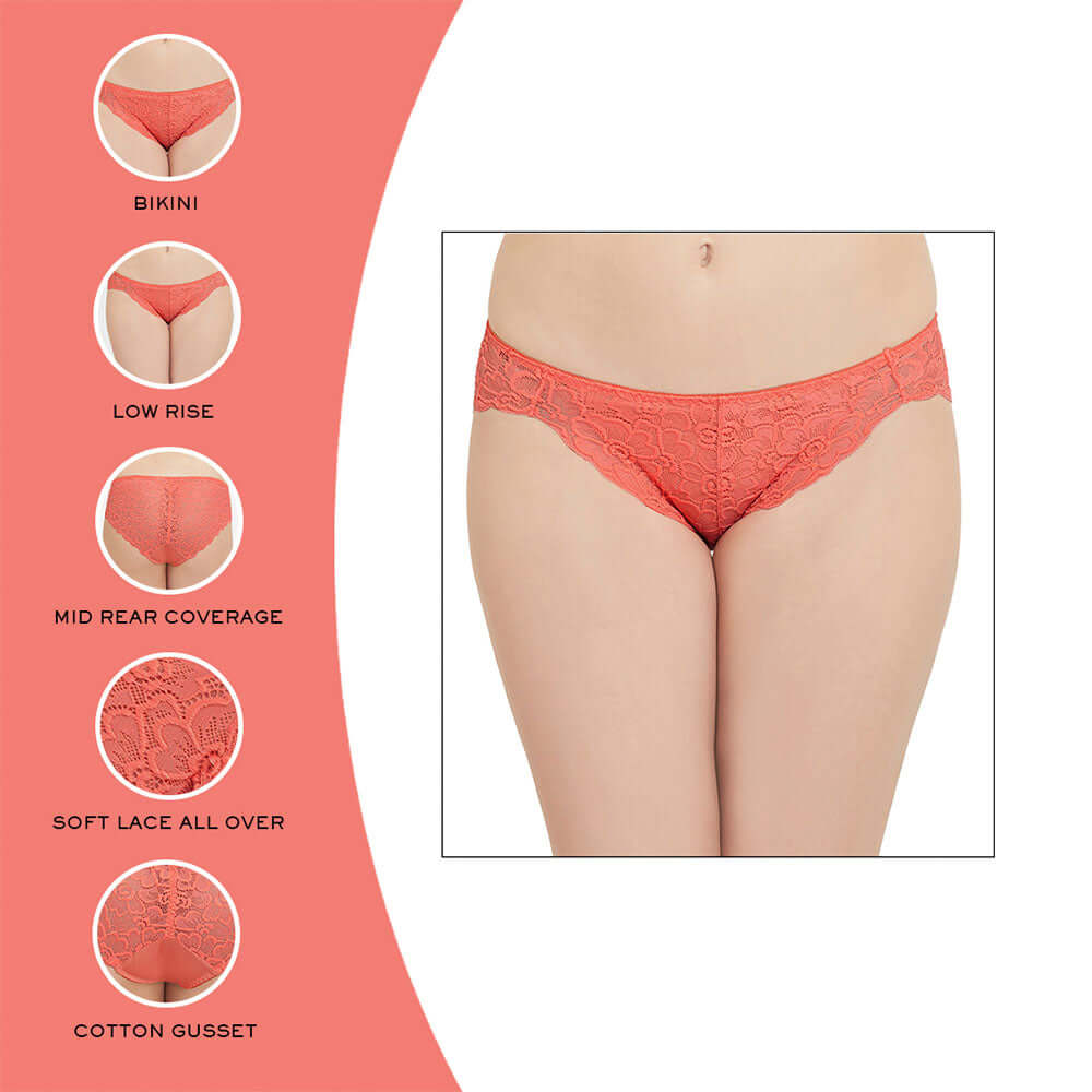 Plush Desire Low Waist Medium Coverage Bridal Wear Lace Bikini Panty - Coral