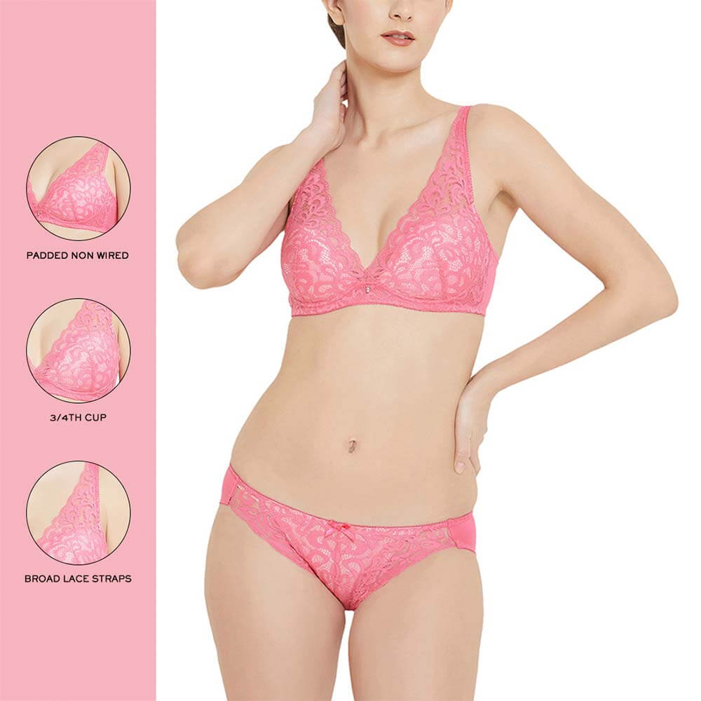 Mystique Padded Non-wired 3/4th Cup Bridal Wear Medium coverage Lace Bra - Pink