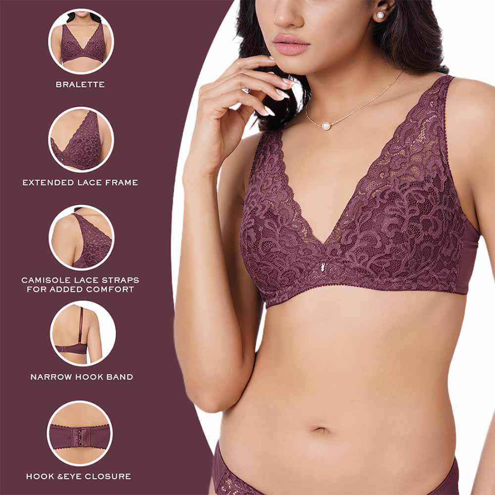 Mystique Padded Non-wired 3/4th Cup Bridal Wear Medium coverage Lace Bra - Wine