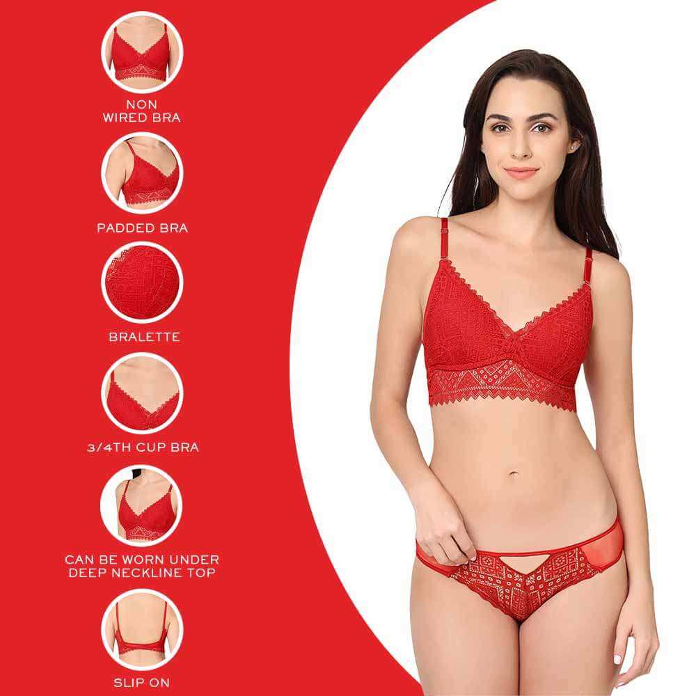 Gaia Collection Padded Non-Wired 3/4th Coverage Lacy Bralette Bra - Red