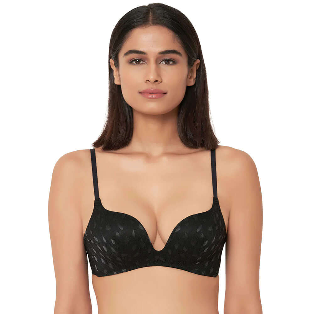Zephyr Padded Non Wired 3/4Th Cup Push-Up Lacy Plunge Bra - Black