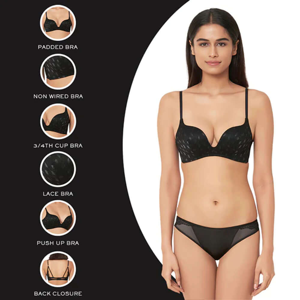 Zephyr Padded Non Wired 3/4Th Cup Push-Up Lacy Plunge Bra - Black