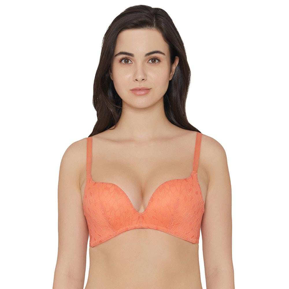 Zephyr Padded Non Wired 3/4Th Cup Push-Up Lacy Plunge Bra - Orange