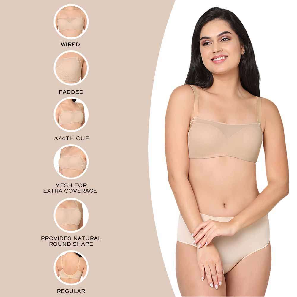 Contour Padded Wired 3/4th Cup Full Coverage Mesh Fashion Bra - Beige