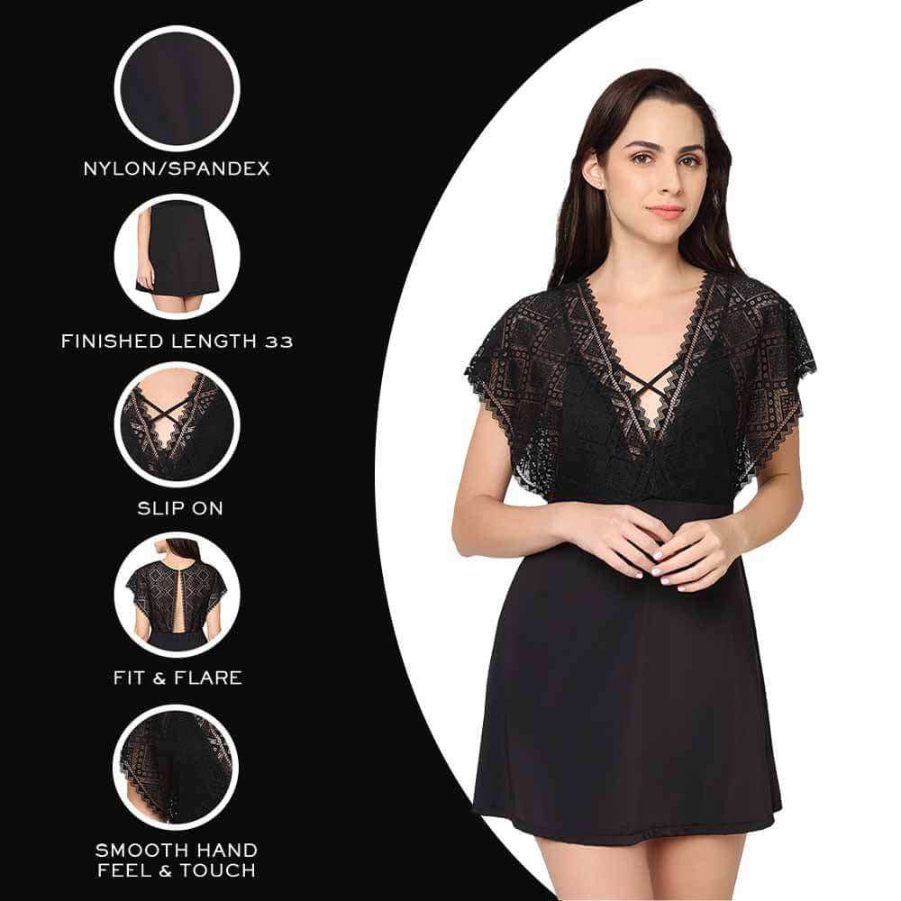 Gaia Non Padded Non Wired Bridal Wear Short Lace Babydoll Chemise - Black