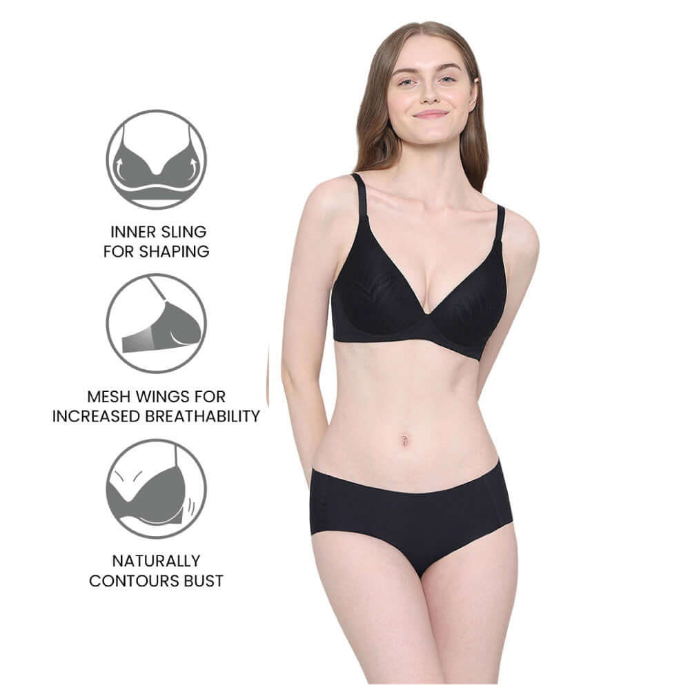 Mysa Padded Non-Wired 3/4th Cup Everyday Wear Medium coverage T-Shirt Bra - Black