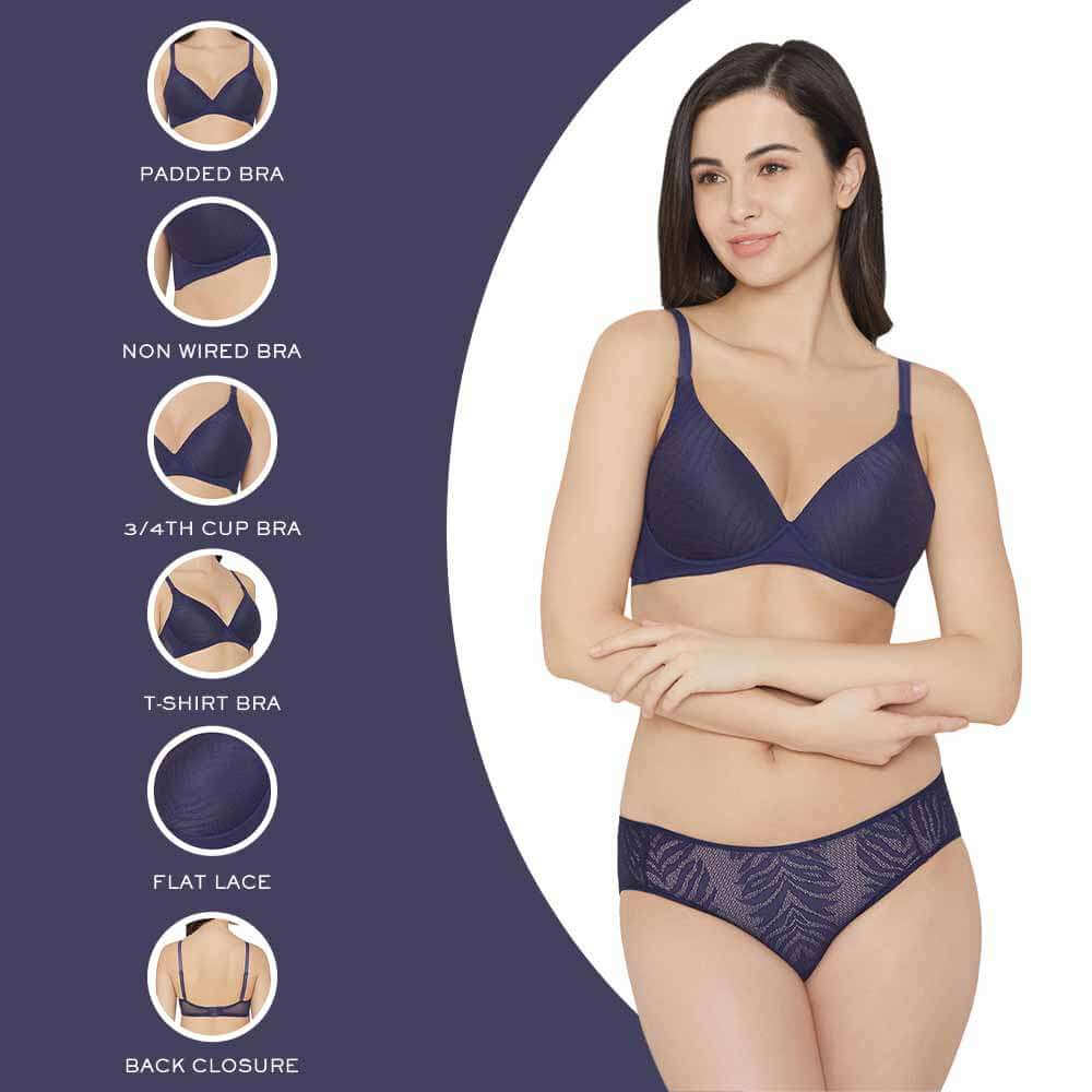 Mysa Padded Non-Wired 3/4th Cup Everyday Wear Medium coverage T-Shirt Bra - Navy Blue