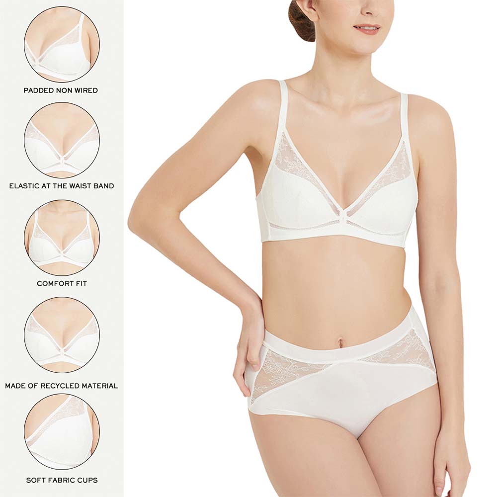 Looping Padded Non-wired  3/4th Cup Everyday Wear Medium coverage Lace Bra - Ivory