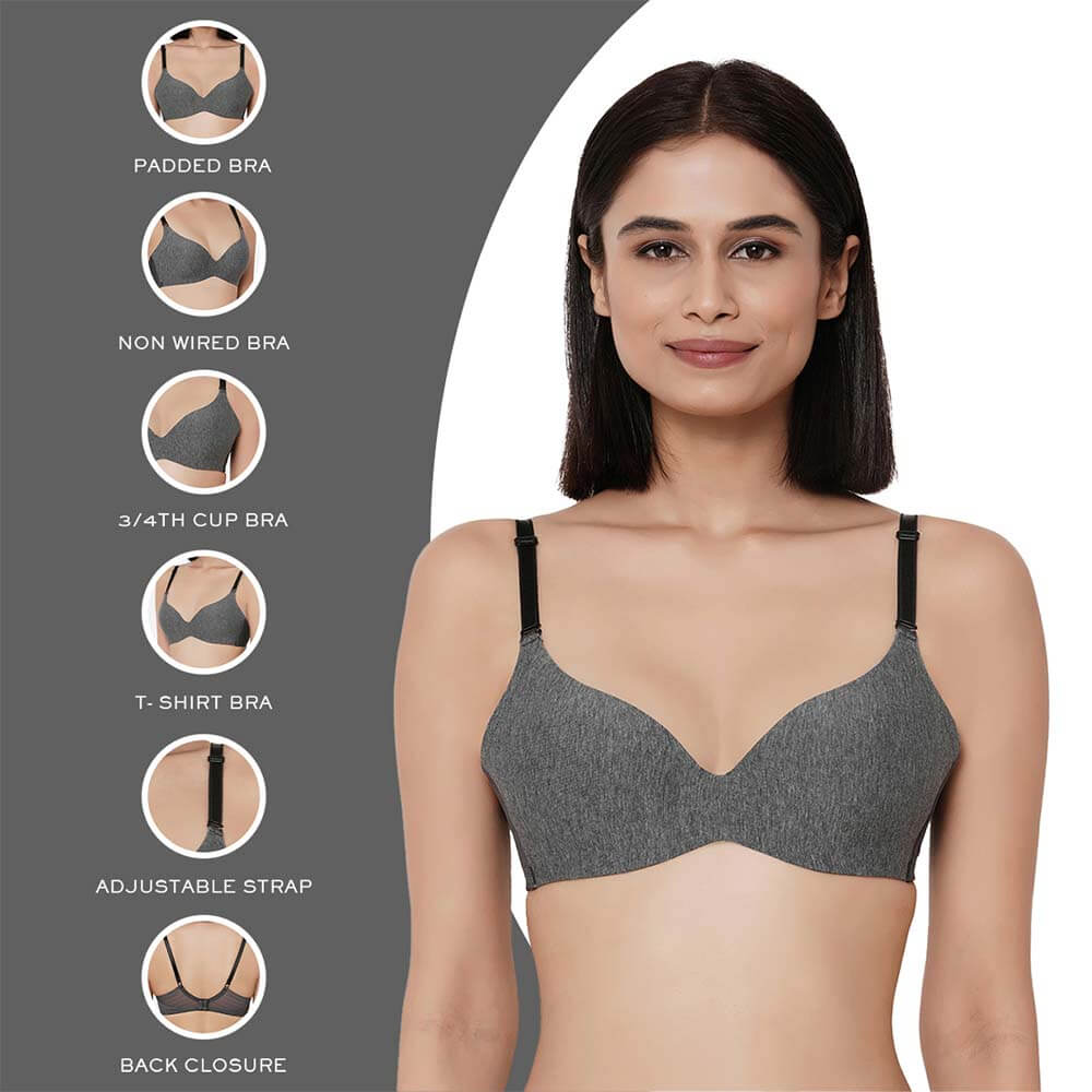 Synchro Padded Non-Wired 3/4th Cup Everyday Wear T-Shirt Bra - Dark Grey