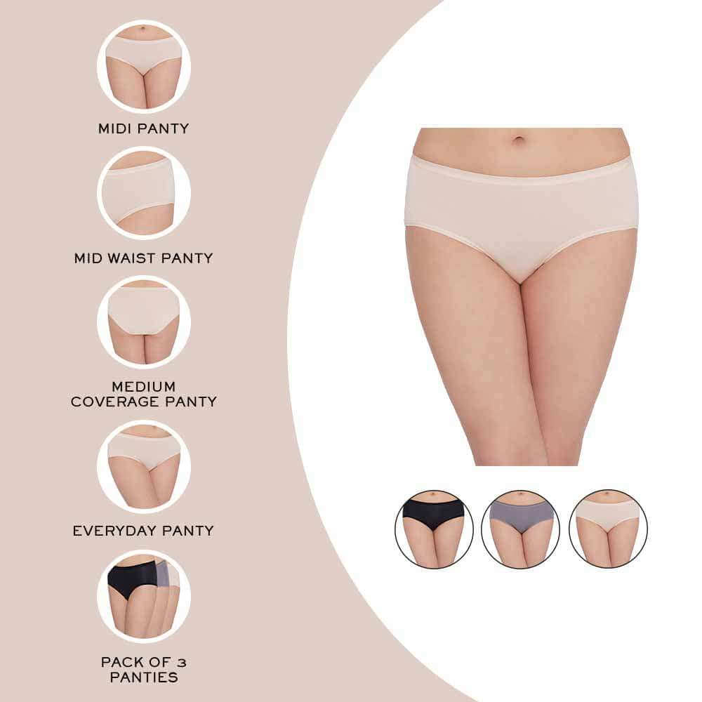 Cotton Mid Waist Medium Coverage Everyday Wear Pack of 3 Midi Panty