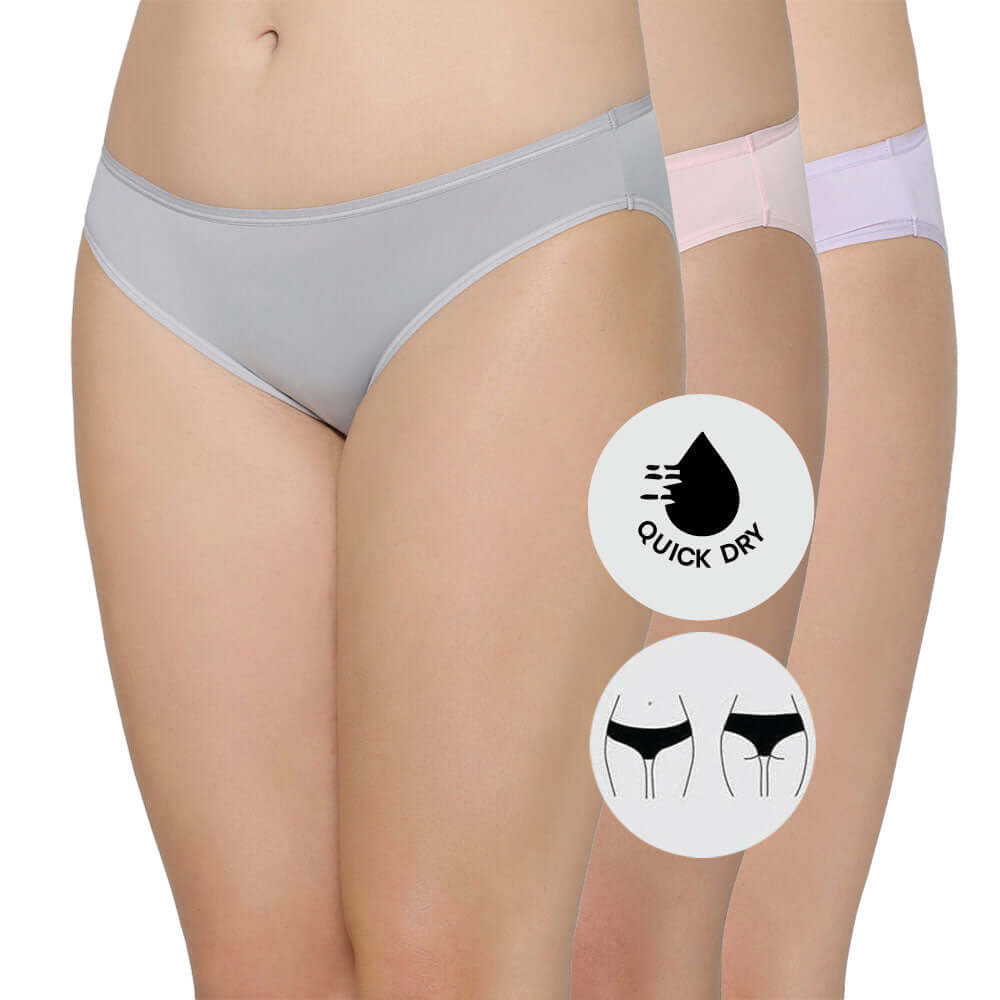 Quick Dry Low Waist Medium Coverage Everyday Wear Pack of 3 Bikini Panty
