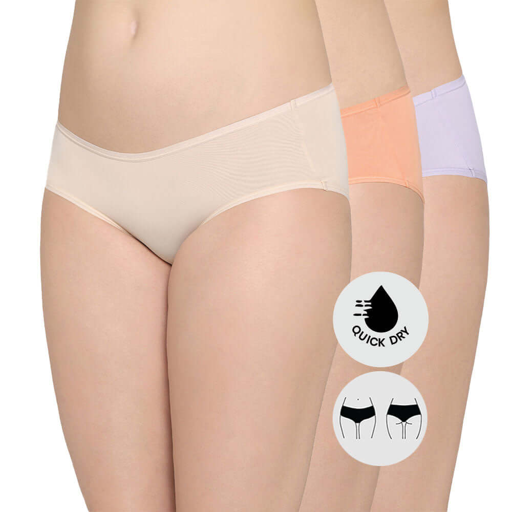 Quick Dry Mid Waist Medium Coverage Everyday Wear Pack of 3 Hipster Panty