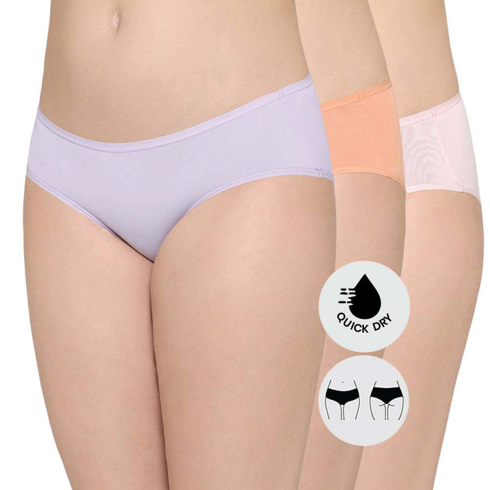 Quick Dry Mid Waist Medium Coverage Everyday Wear Pack of 3 Hipster Panty