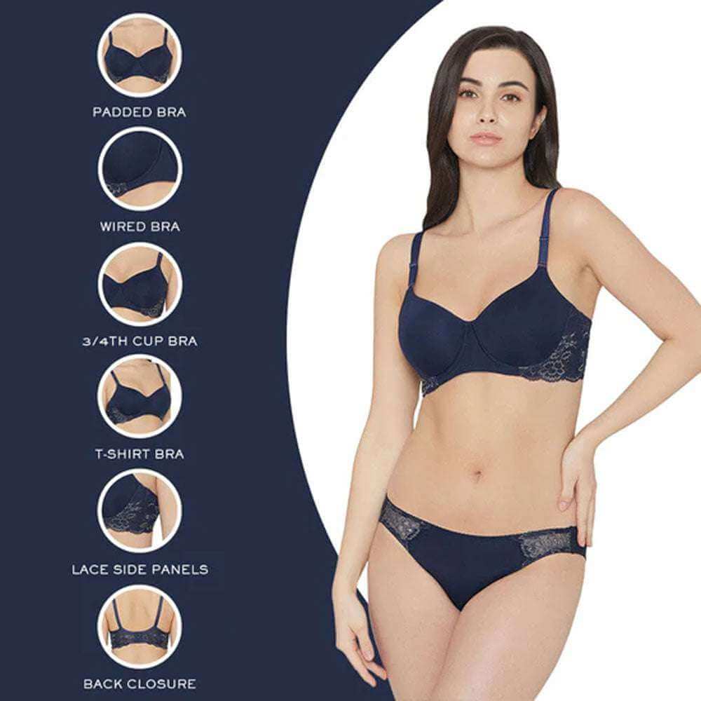 Love to Lace Padded Wired 3/4th Cup Everyday Wear Medium coverage T-Shirt Bra - Navy Blue