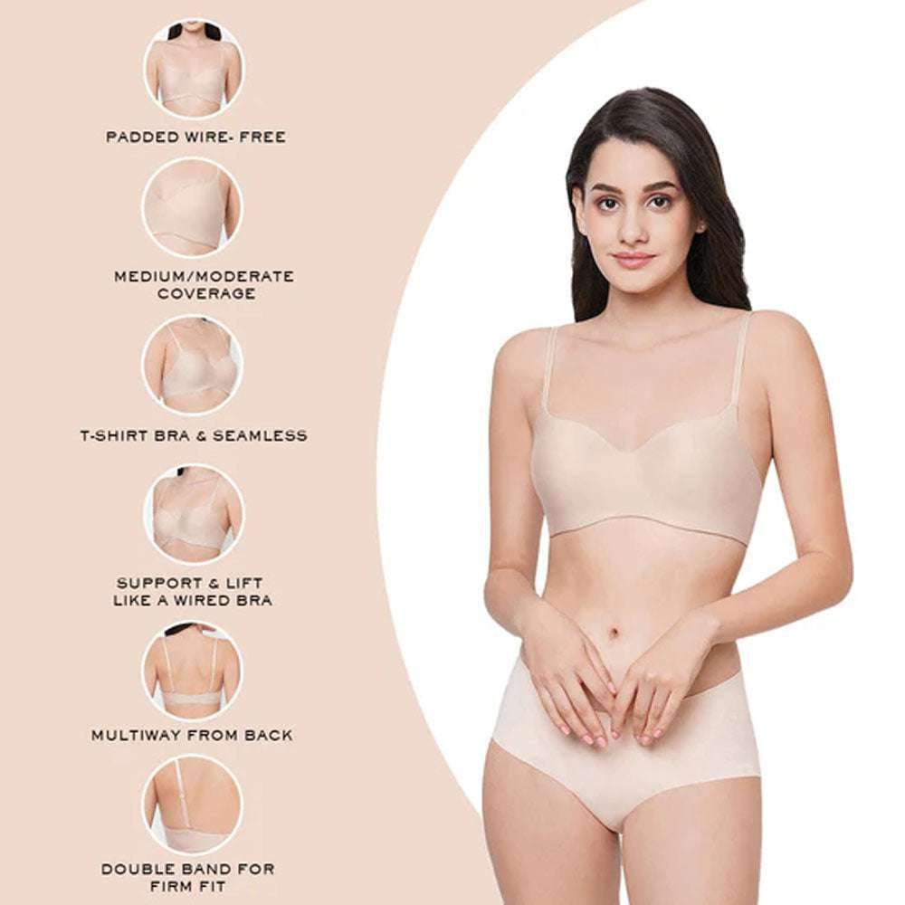 Basic Mold  Padded Non-wired  3/4th Cup Everyday Wear Seamless T-Shirt Bra - Beige