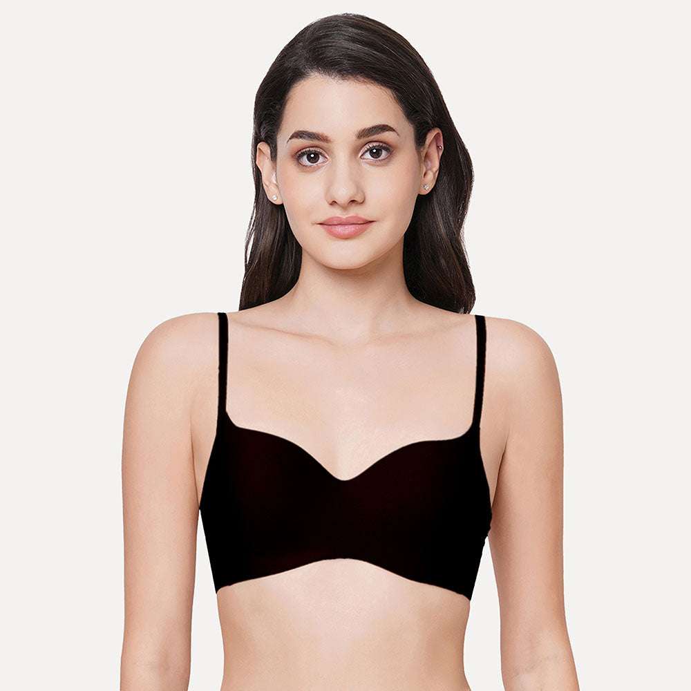 Basic Mold Padded Non Wired 3/4Th Cup Everyday T-Shirt Bras-Black