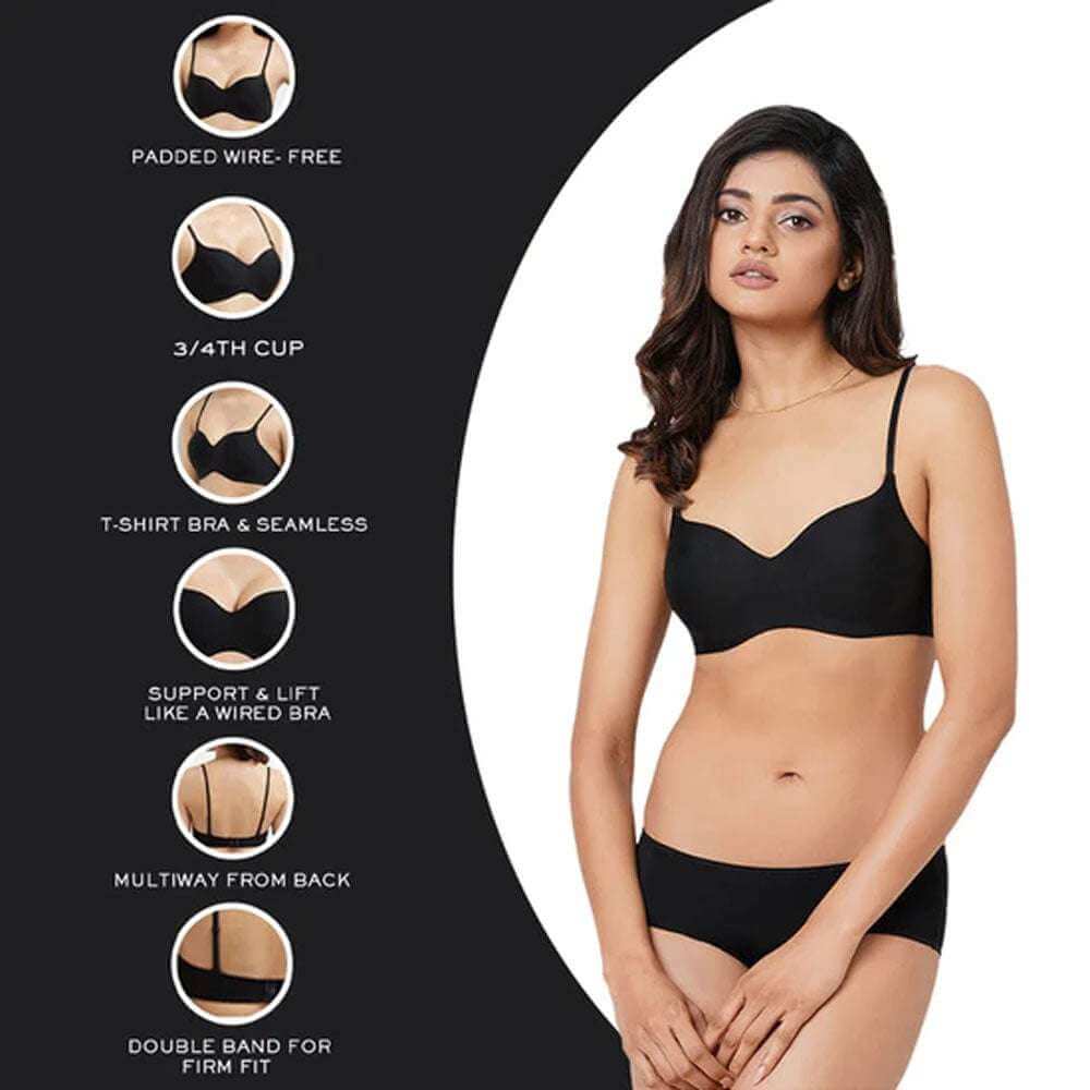 Basic Mold Padded Non Wired 3/4Th Cup Everyday Wear Seamless T-Shirt Bra - Black