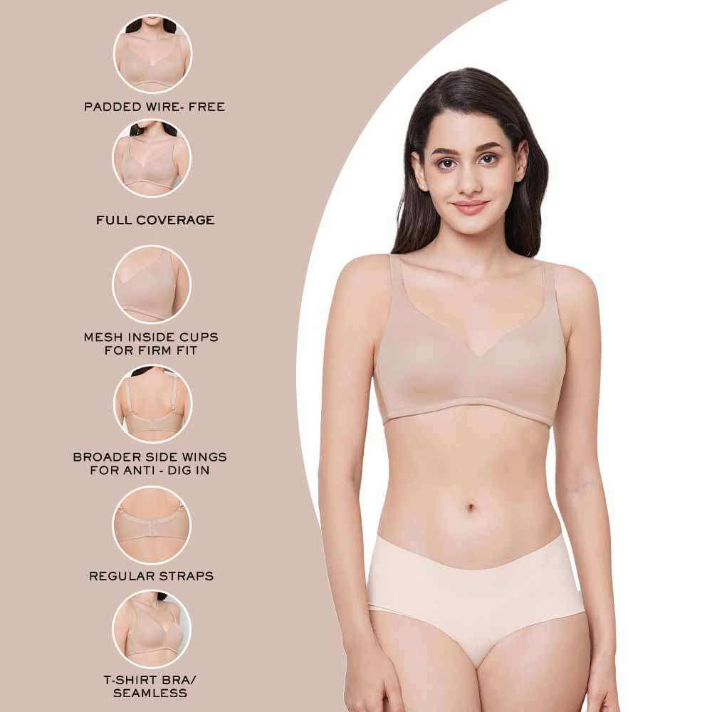 Basic Mold Padded Non Wired Full Coverage Everyday T-Shirt Bra - Beige