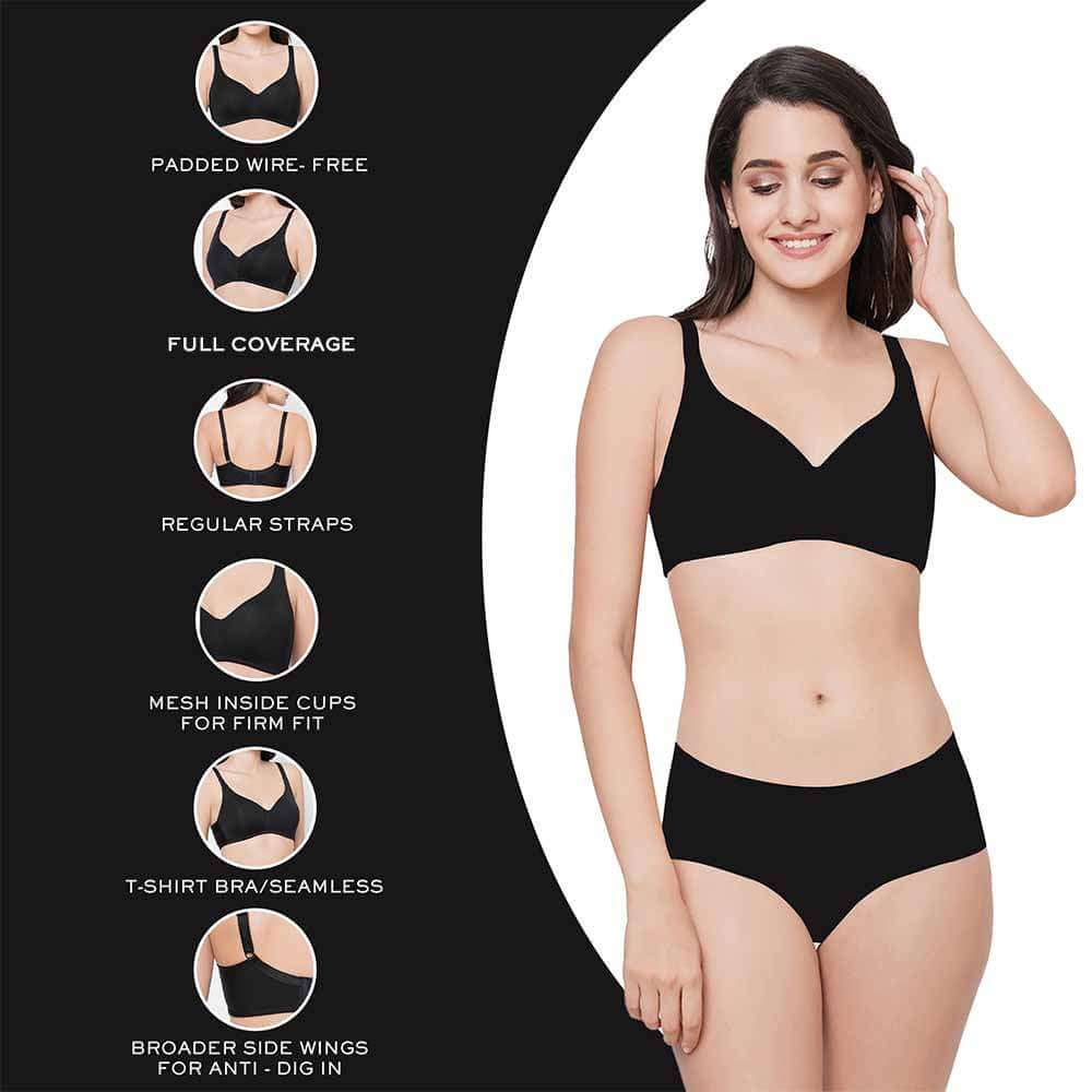 Basic Mold Padded Non Wired Full Coverage Everyday T-Shirt Bra - Black