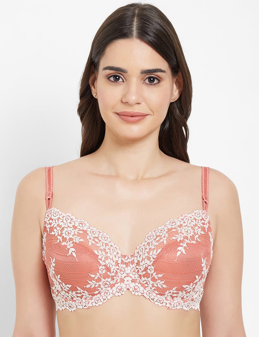 Embrace Lace Non Padded Wired 3/4th Cup Bridal Wear Medium coverage Fashion Bra - Coral