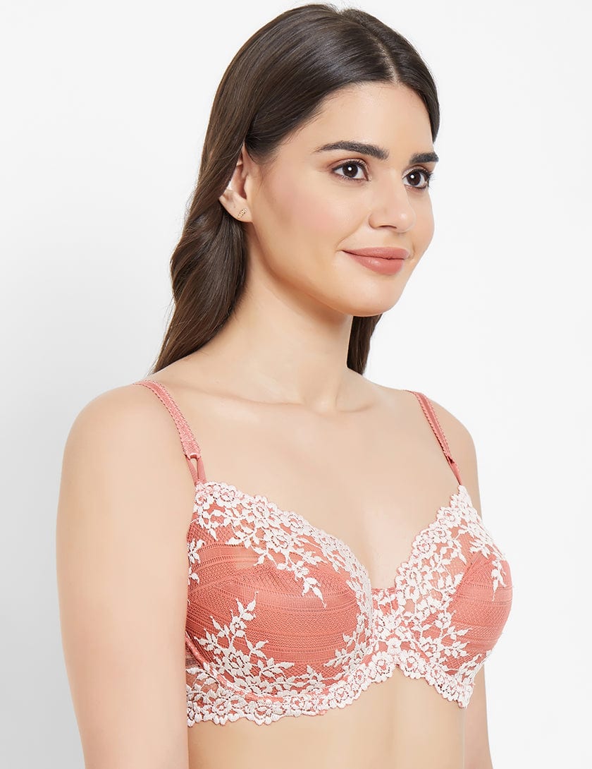 Embrace Lace Non Padded Wired 3/4th Cup Bridal Wear Medium coverage Fashion Bra - Coral