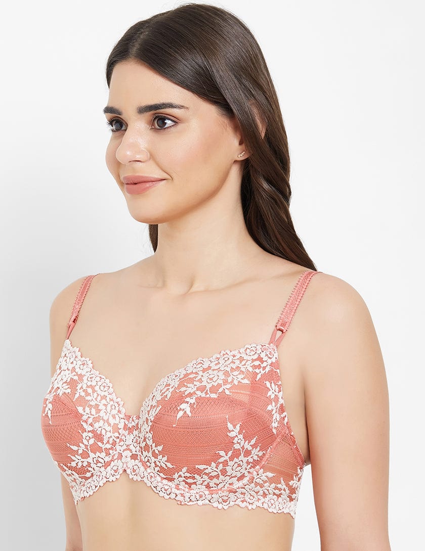 Embrace Lace Non Padded Wired 3/4th Cup Bridal Wear Medium coverage Fashion Bra - Coral