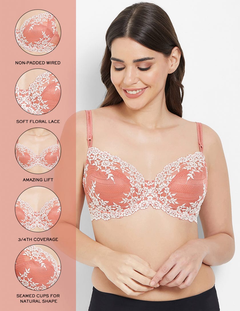 Embrace Lace Non Padded Wired 3/4th Cup Bridal Wear Medium coverage Fashion Bra - Coral