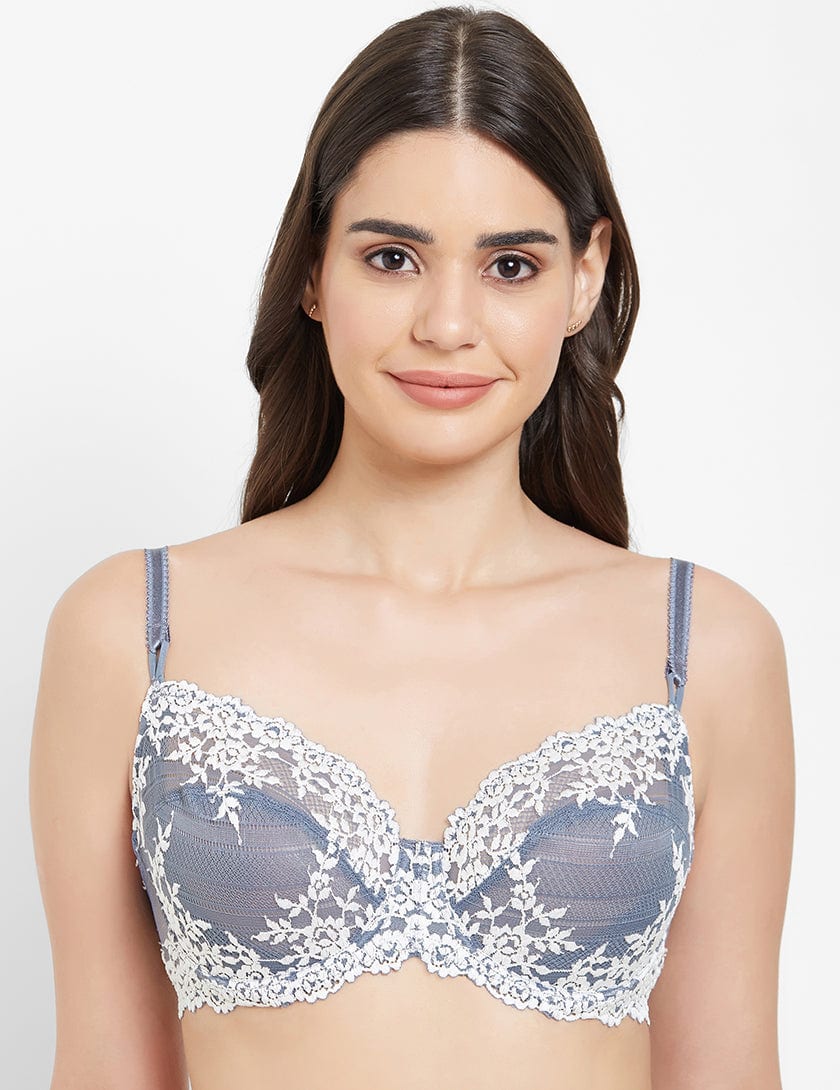 Embrace Lace Non Padded Wired 3/4th Cup Bridal Wear Medium coverage Fashion Bra - Blue