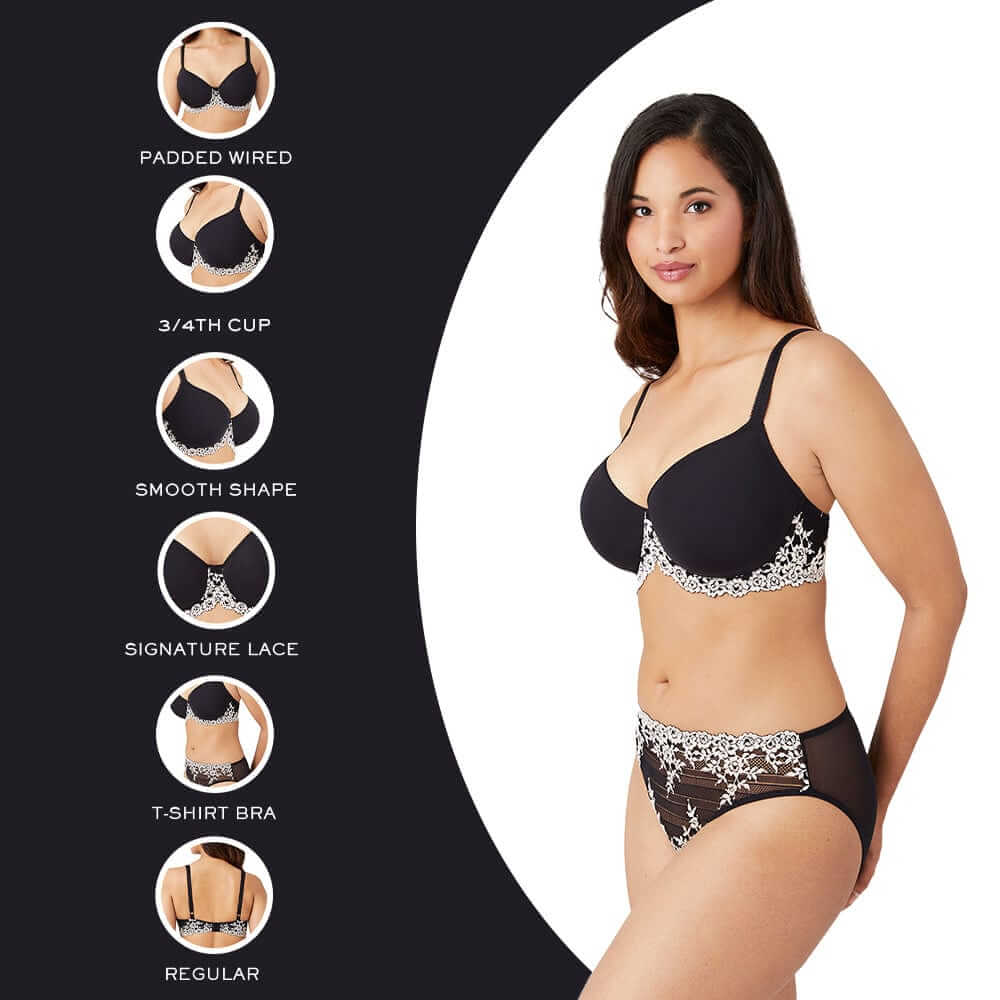 Embrace Lace Contour Padded Wired 3/4th Cup Everyday Wear Medium coverage T-Shirt Bra - Black