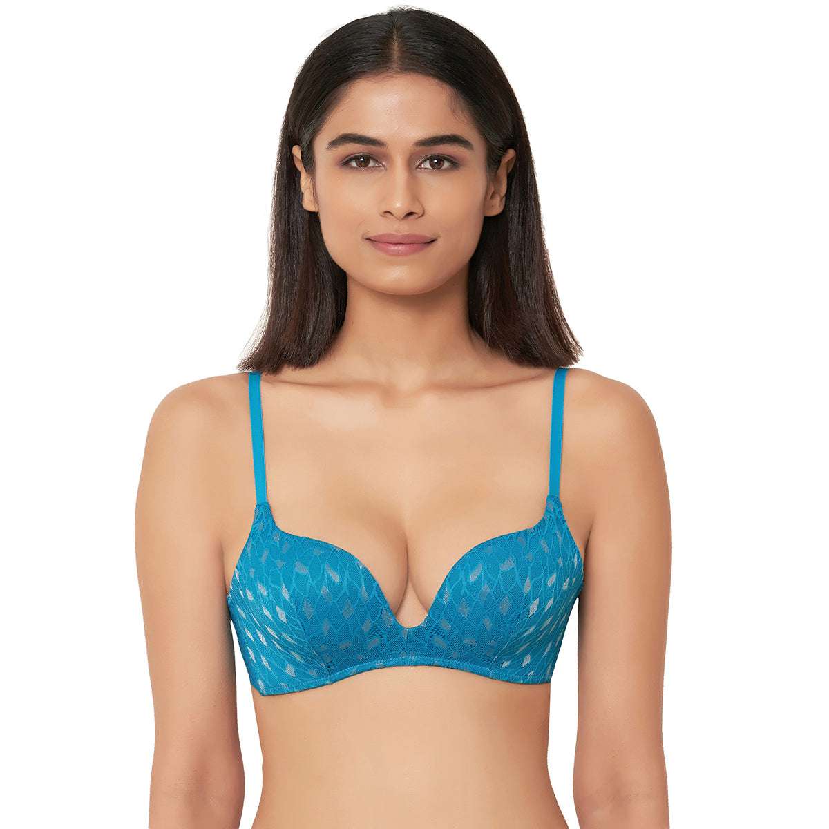 Zephyr Padded Non Wired 3/4Th Cup Push-Up Lacy Plunge Bra - Blue
