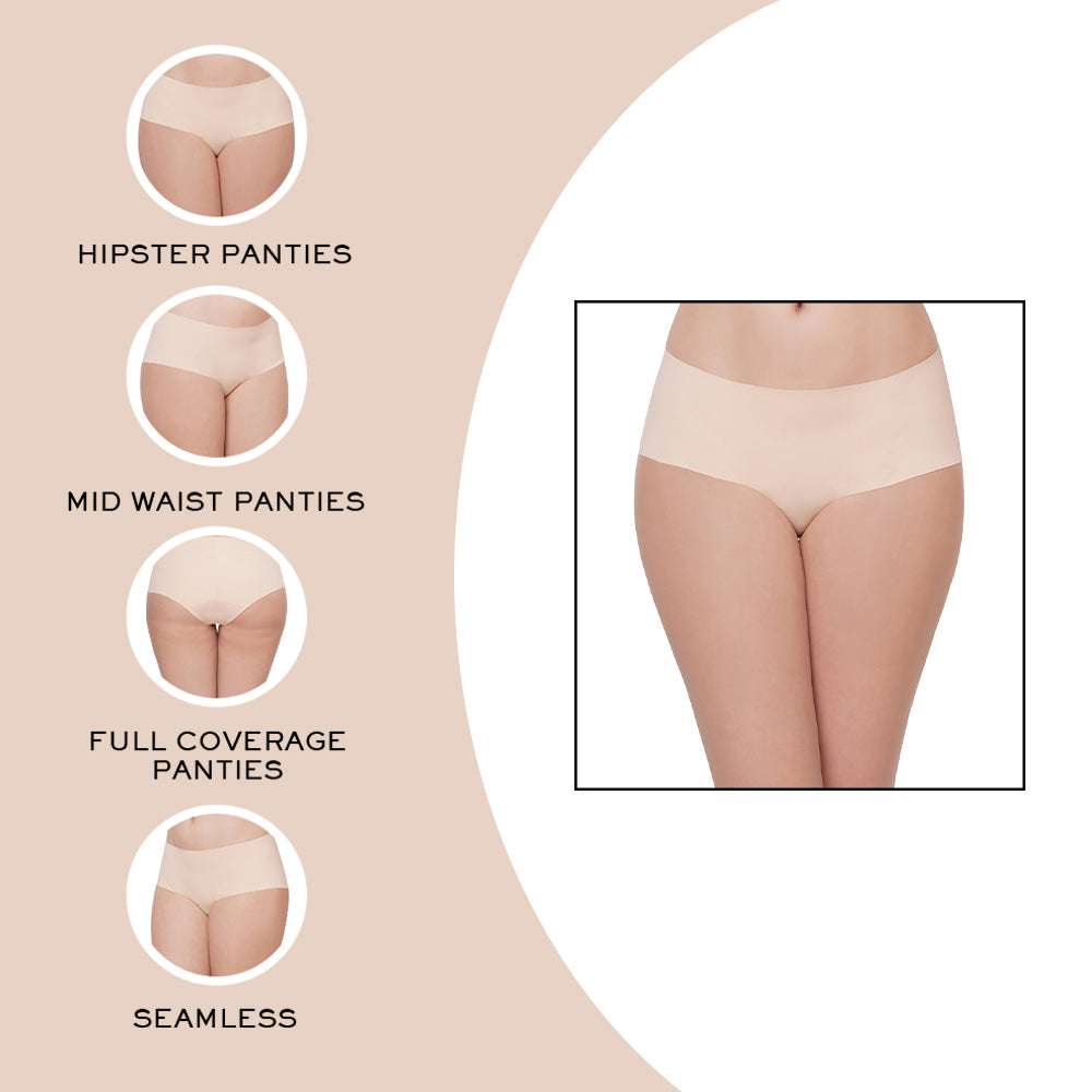 Seamless Mid Waist Full Coverage Everyday Wear Hipster Panty - Beige