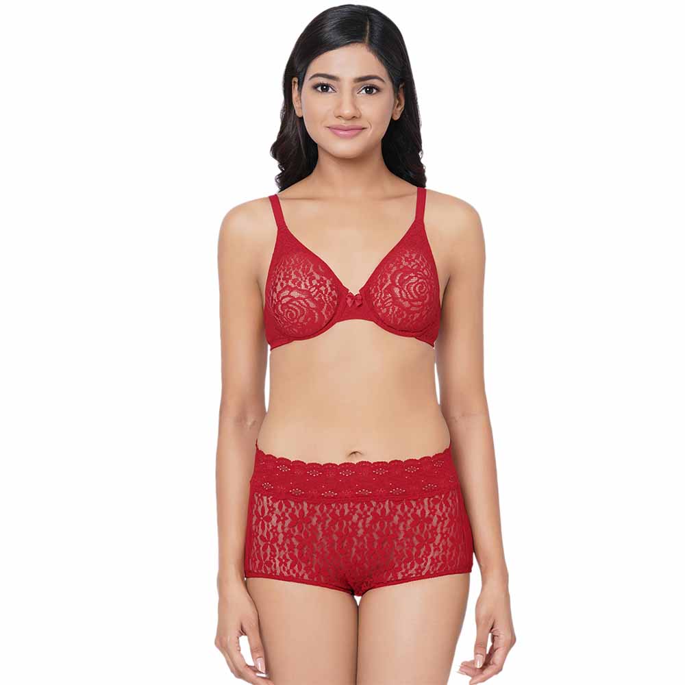 Halo Lace  High Waist Full Coverage Everyday Wear Lace Panty - Red