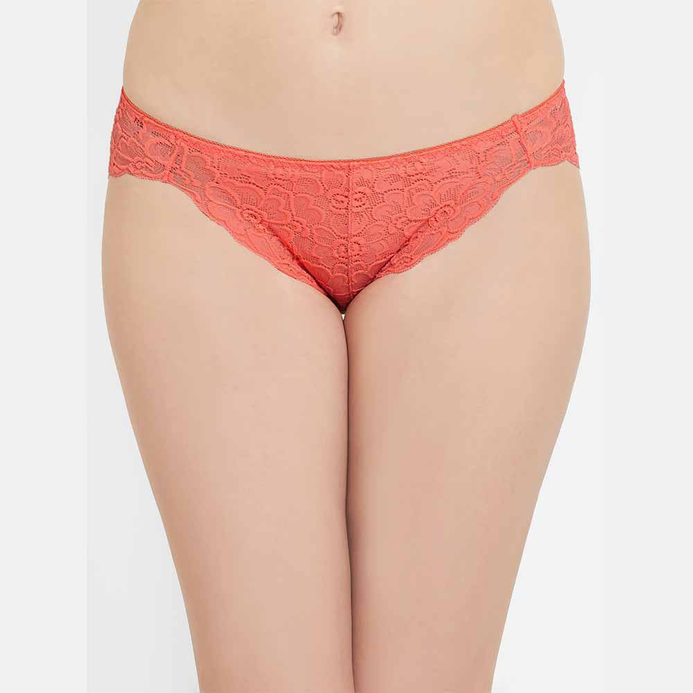 Plush Desire Low Waist Medium Coverage Bridal Wear Lace Bikini Panty - Coral