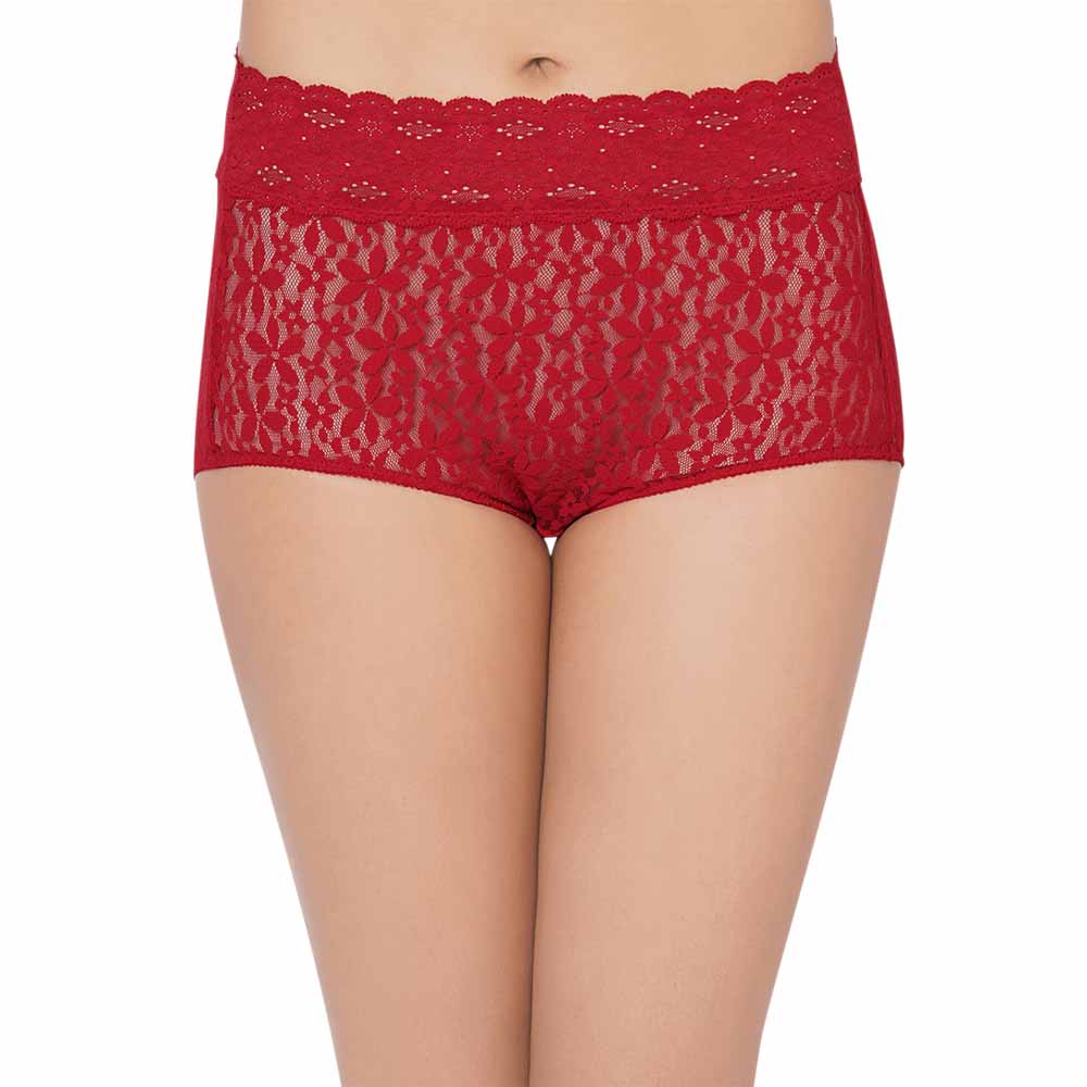 Halo Lace  High Waist Full Coverage Everyday Wear Lace Panty - Red