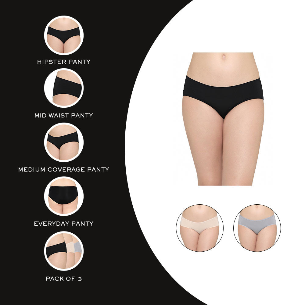 Quick Dry Mid Waist Medium Coverage Everyday Wear Pack of 3 Hipster Panty