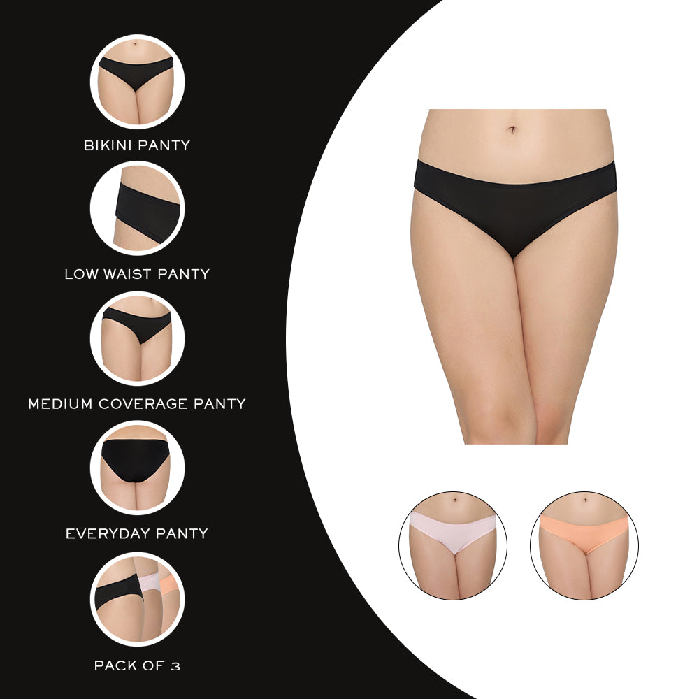 Quick Dry Low Waist Medium Coverage Everyday Wear Pack of 3 Bikini Panty