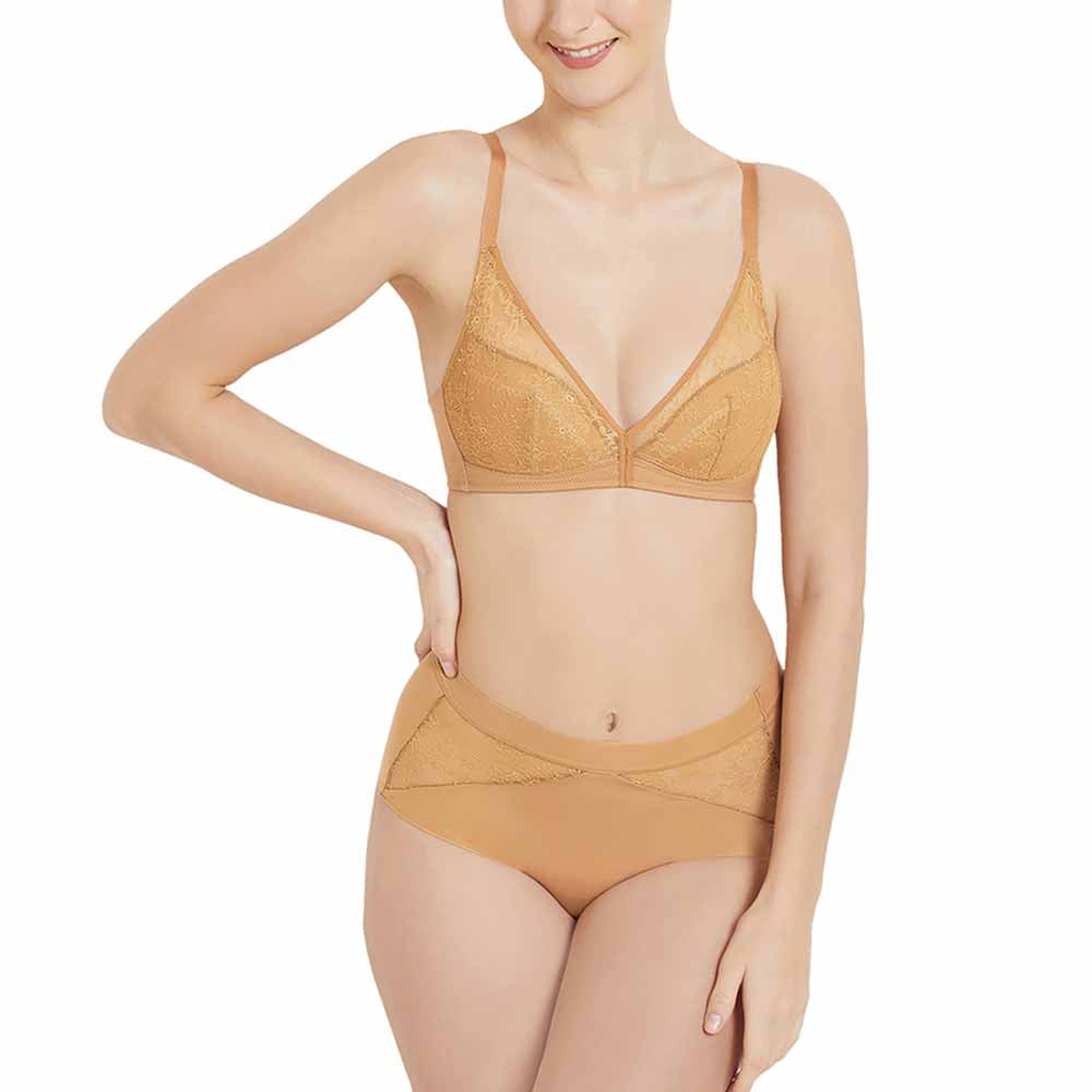 Looping Padded Non-wired  3/4th Cup Everyday Wear Medium coverage Lace Bra - Brown