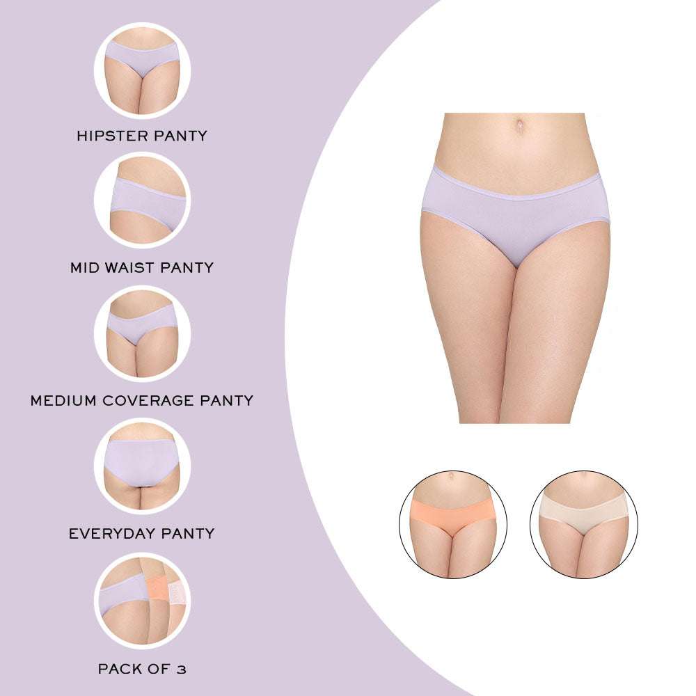 Quick Dry Mid Waist Medium Coverage Everyday Wear Pack of 3 Hipster Panty