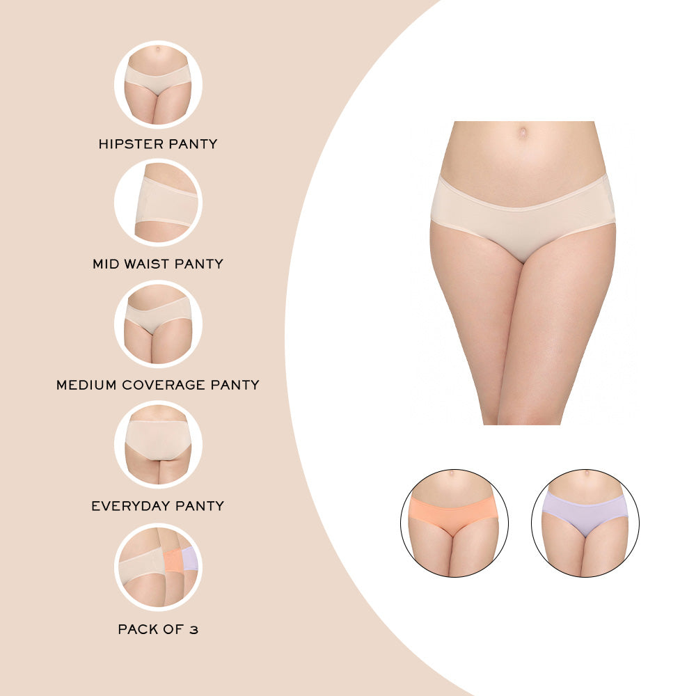 Quick Dry Mid Waist Medium Coverage Everyday Wear Pack of 3 Hipster Panty
