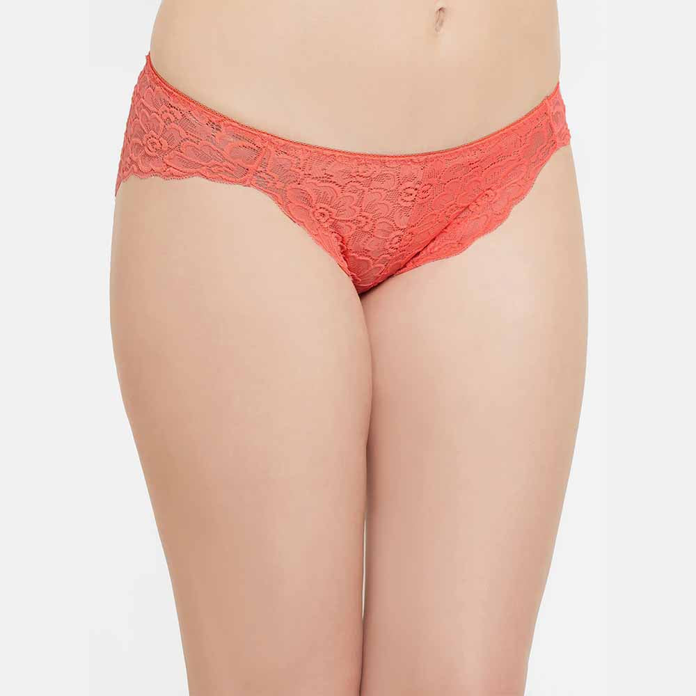 Plush Desire Low Waist Medium Coverage Bridal Wear Lace Bikini Panty - Coral