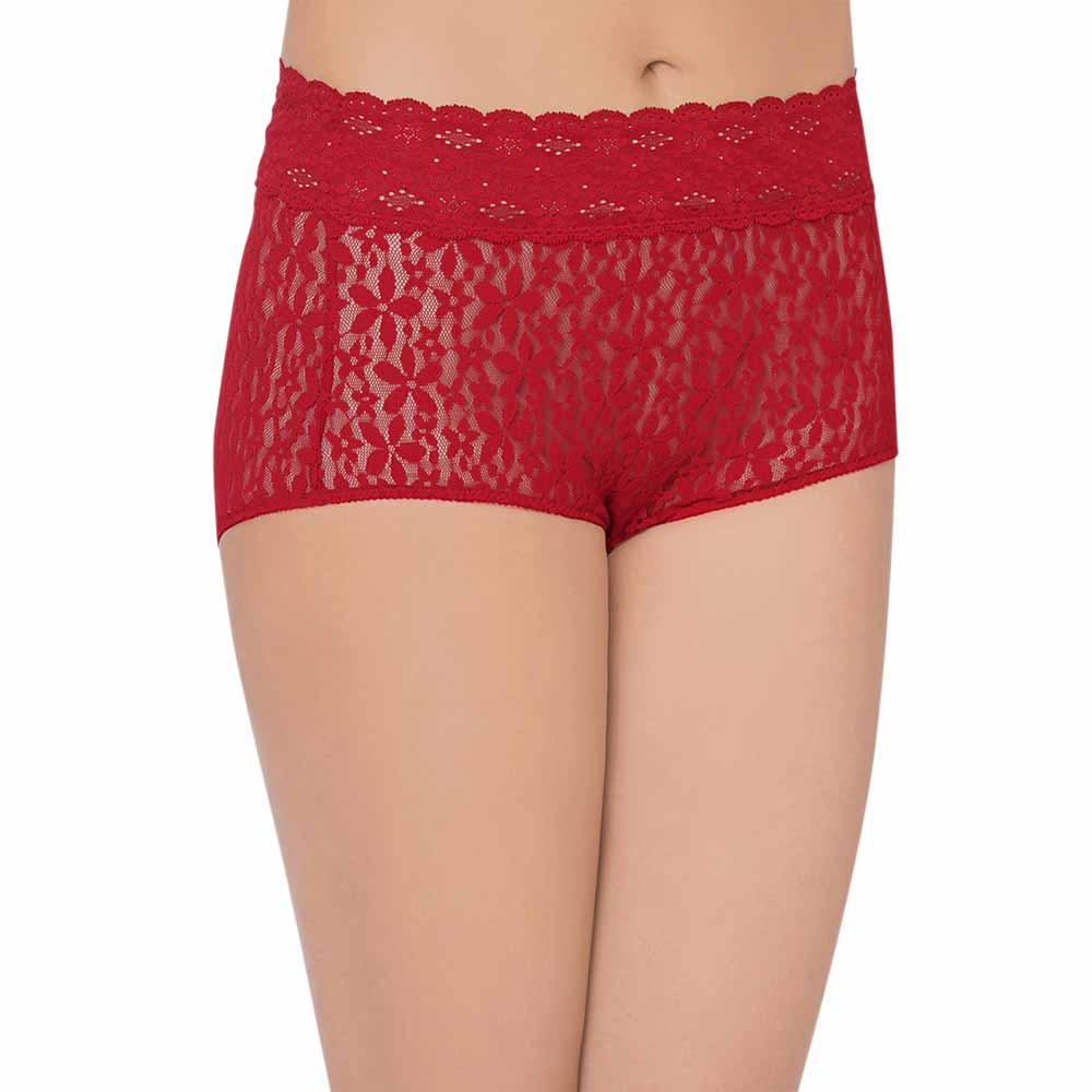 Halo Lace  High Waist Full Coverage Everyday Wear Lace Panty - Red