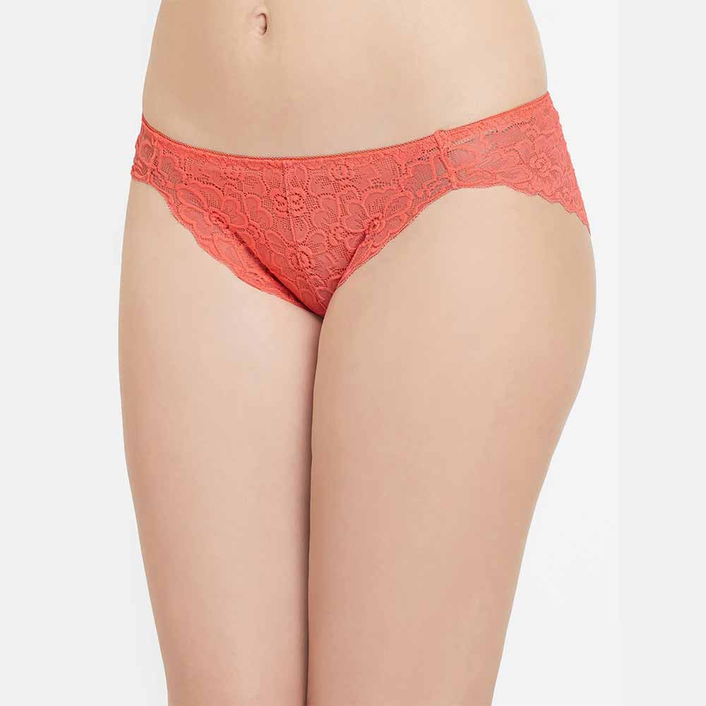 Plush Desire Low Waist Medium Coverage Bridal Wear Lace Bikini Panty - Coral
