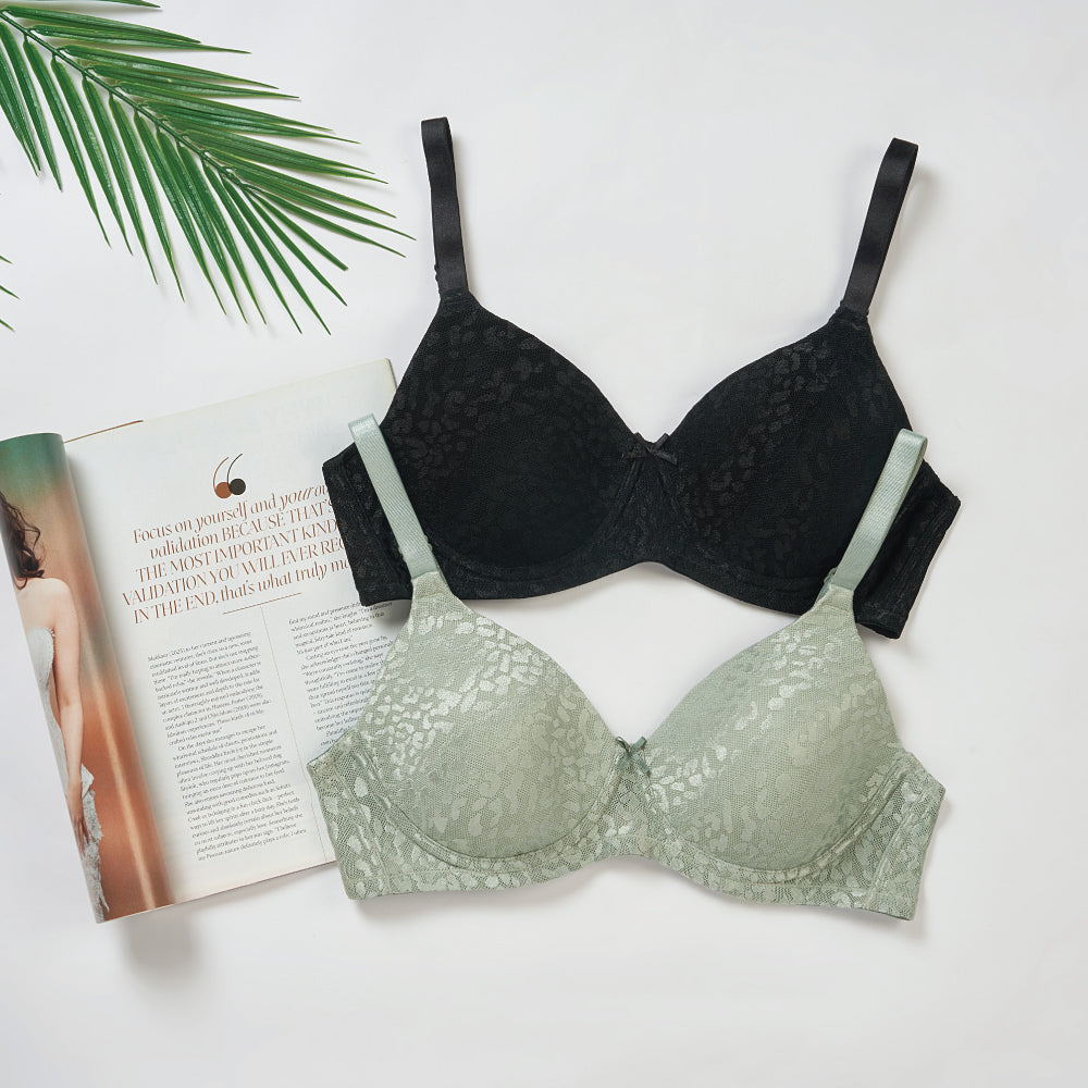 BASICS Bliss Padded Wired 3/4th Cup Everyday Wear Lace T-shirt Bra - Green