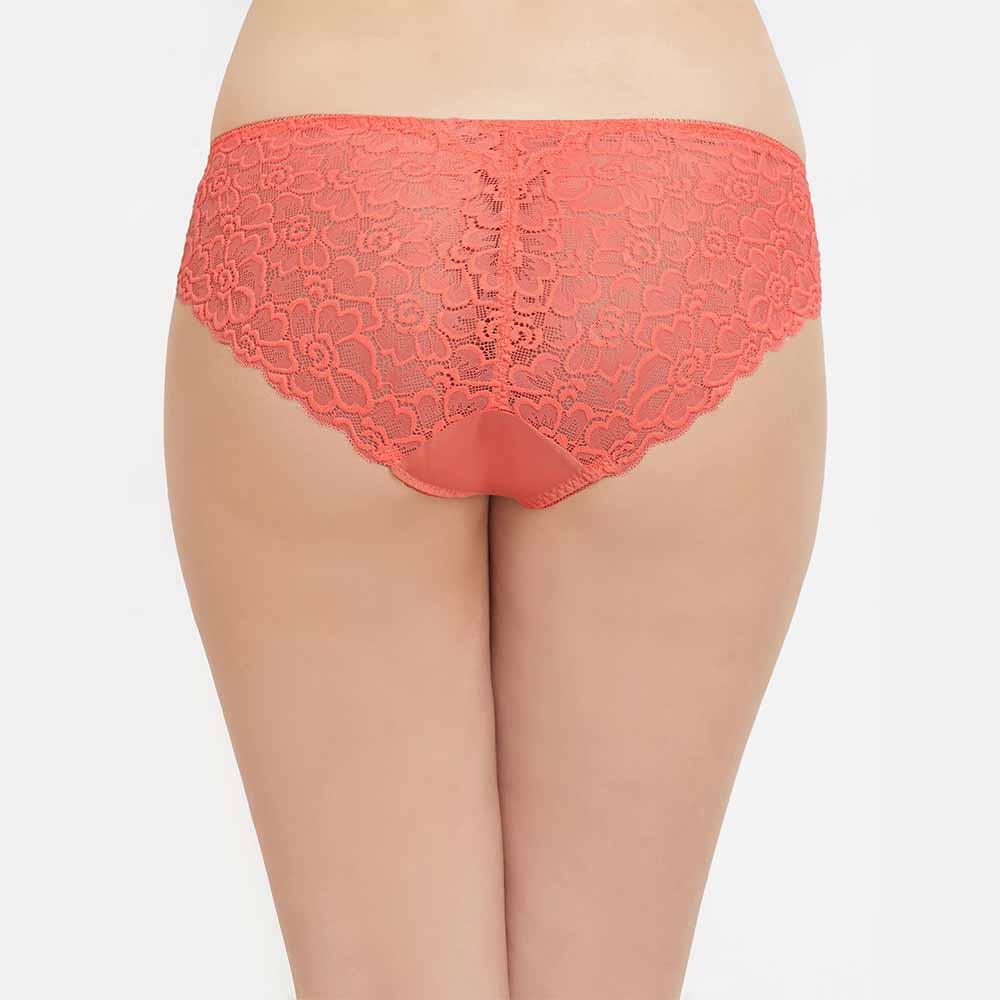 Plush Desire Low Waist Medium Coverage Bridal Wear Lace Bikini Panty - Coral