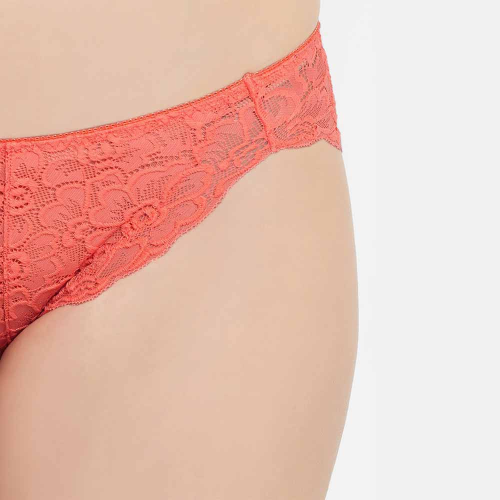 Plush Desire Low Waist Medium Coverage Bridal Wear Lace Bikini Panty - Coral