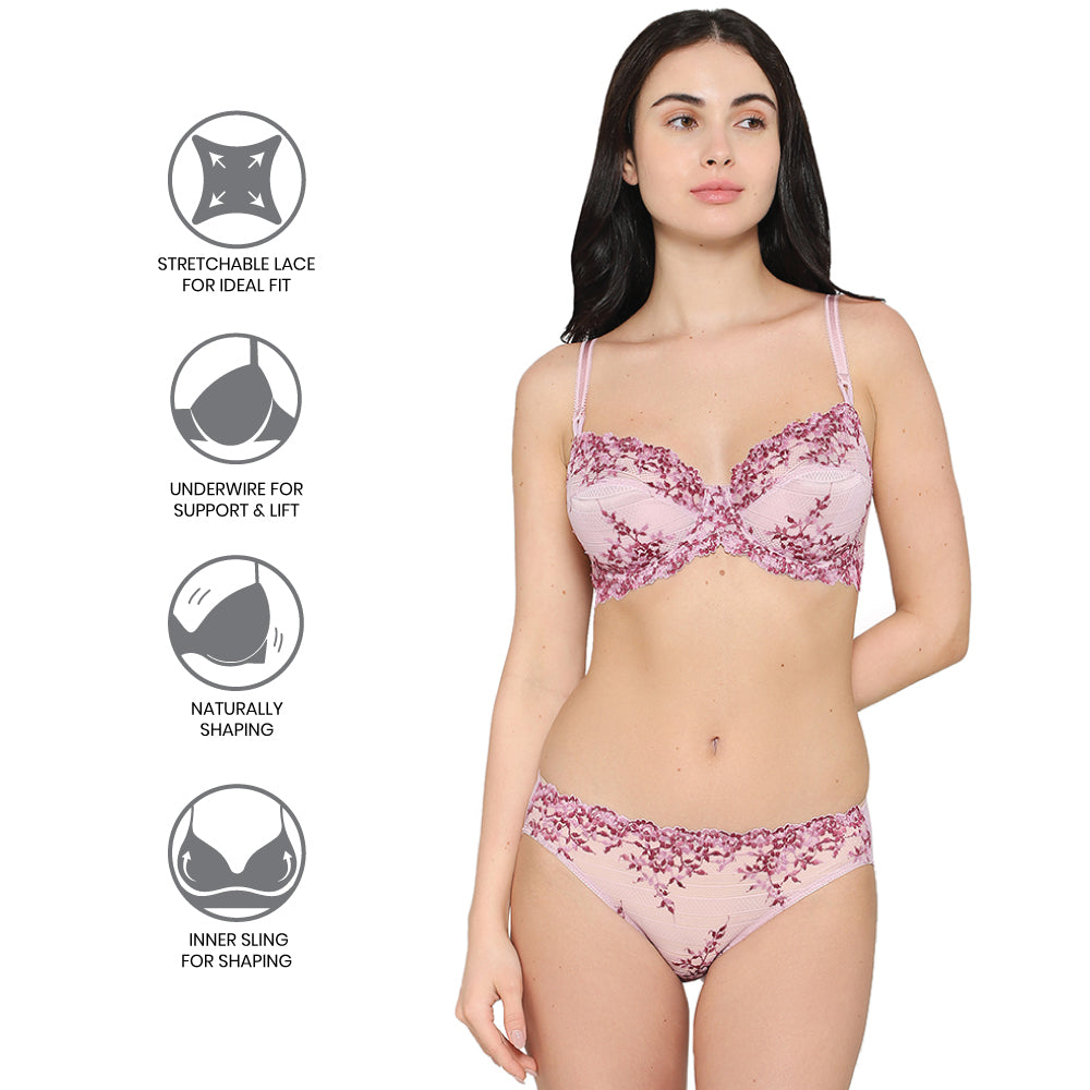 Embrace Lace Non Padded Wired 3/4th Cup Bridal Wear Medium coverage Fashion Bra - Pink