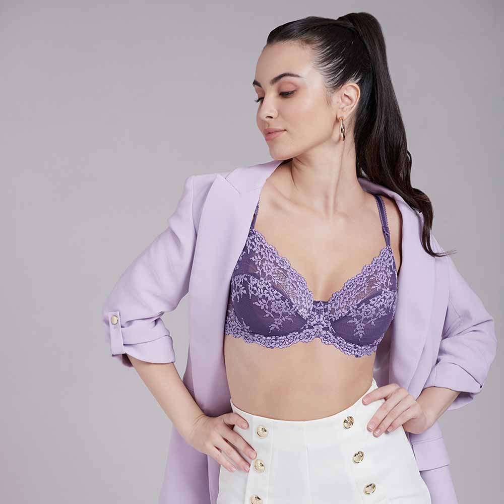 Embrace Lace Non Padded Wired 3/4th Cup Bridal Wear Medium coverage Fashion Bra - Purple