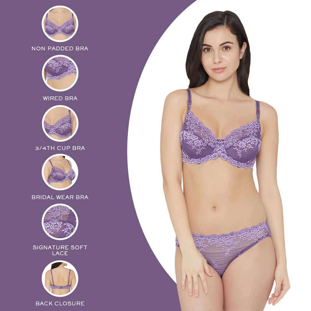 Embrace Lace Non Padded Wired 3/4th Cup Bridal Wear Medium coverage Fashion Bra - Purple