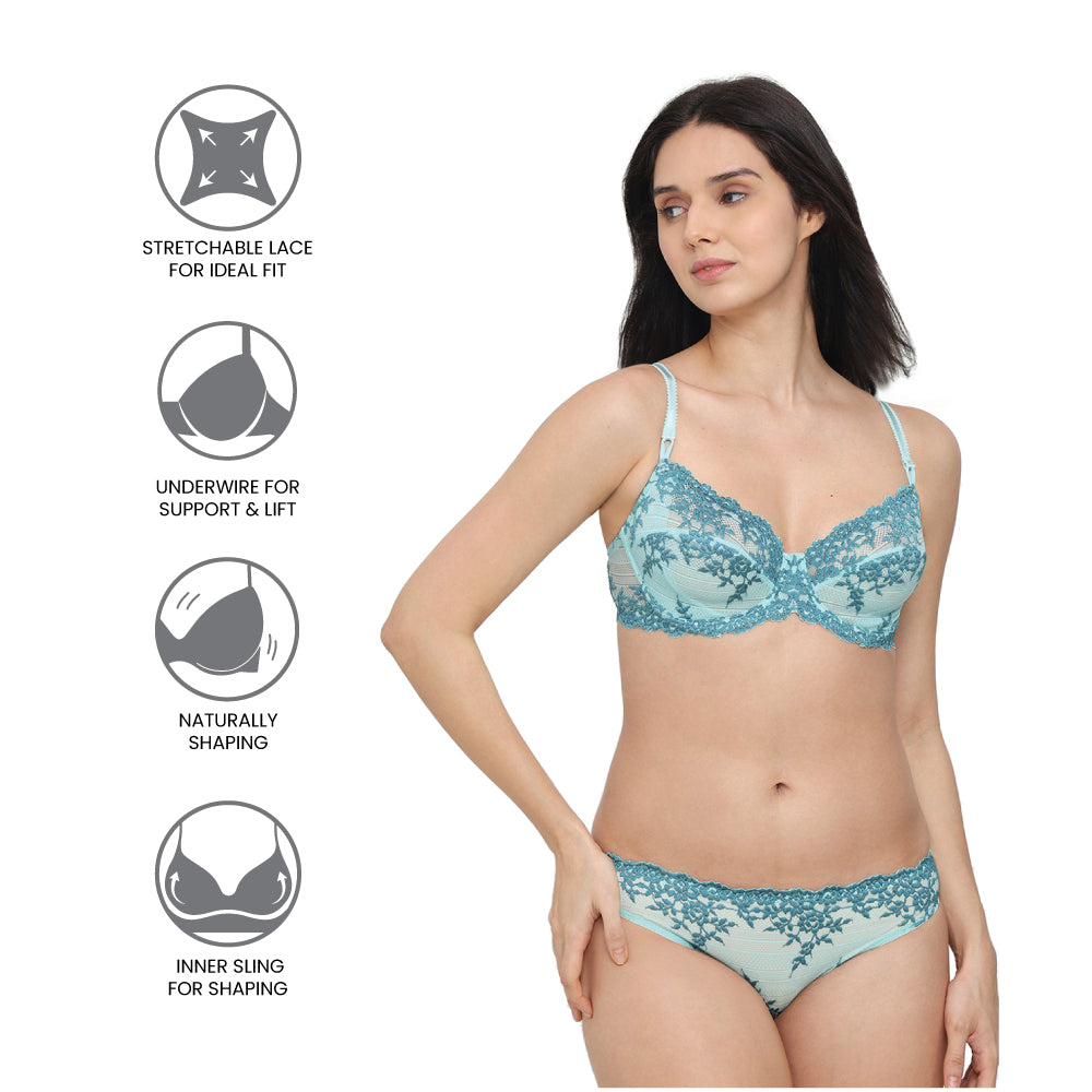 Embrace Lace Non Padded Wired 3/4th Cup Bridal Wear Medium coverage Fashion Bra - Aqua